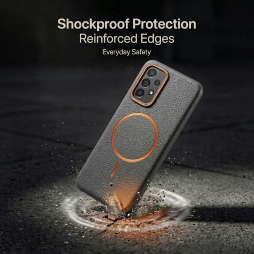 Image of amazon basics Luxury MagSafe Compatible Leather Texture Back Cover for Samsung Galaxy A73 5G | Raised Camera Protection | Slim Fit Shockproof Case with Metallic Accents (Gray)