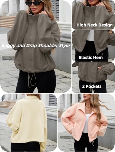 Famulily Ladies Winter Tops High Neck Elegant Solid Tunic Sweatshirts Basic Full Zip Fleece Short Jacket Warm Outwear With Pockets Coffee XL - Image 4