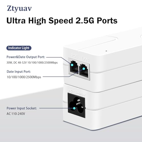 Image of 2.5Gbps PoE Injector 30W Power Over Ethernet Adapter with 2 Ports, IEEE 802.3af /at Compliant - Distance Up to 100 Meters, 2.5G PoE Adapter Ideal for Camera, TV and IP Phone, White