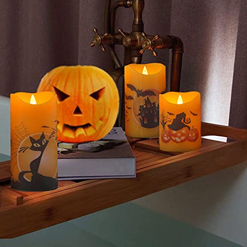 Image of CANDLE CHOICE Orange Halloween Flameless Candles with Remote and Timer Real Wax Realistic Flickering Fake Electric Battery Operated LED Pillars Halloween Theme Decals for Halloween Decorations 3 Pack