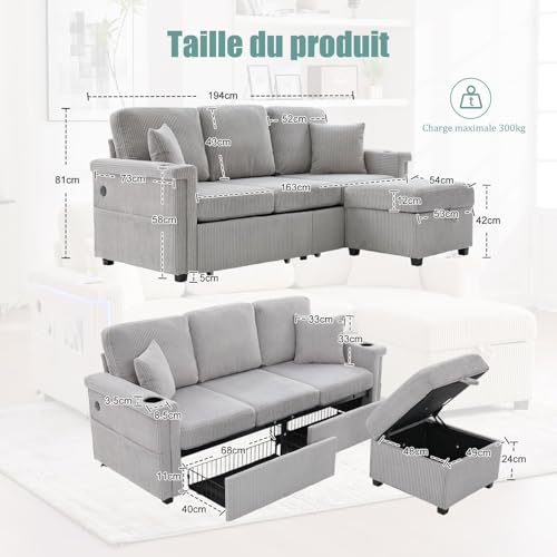Canapé d’angle 3 places velours LED USB gris KOMHTOM