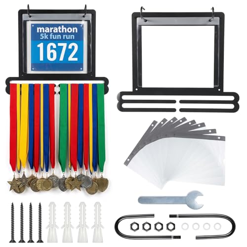 AOZUO Race Bib and Medal Display Hanger Medal Hanger Display Holds 40+ Medals & 20 Race Bibs with Flip Vinyl Sleeves Medals Holder Displays Rack Running Bib Holder for Runner Marathoner Athletes