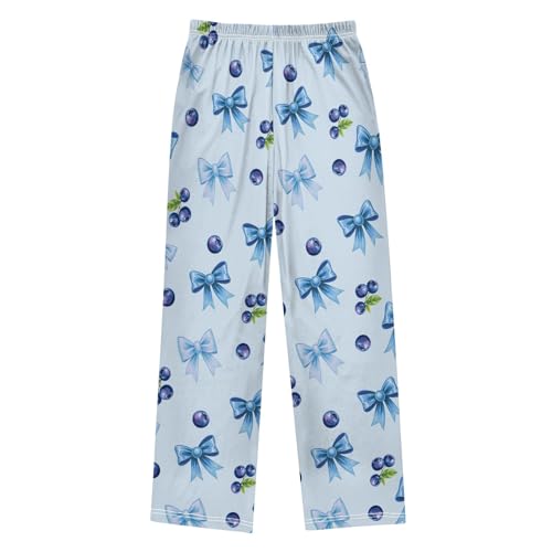 Blueberry with Blue Bows Pajama Pants Lounge Sleep Pants Elastic Waist Long Pajama Bottoms with Pockets for 6-14 Years2