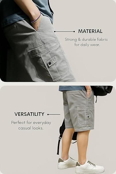 Image of Men's 100% Pure Cotton Cargo Shorts | Regular Fit Knee Length Utility Shorts with Multiple Pockets | Casual Outdoor Summer Wear Shorts for Men