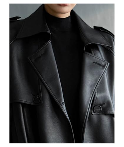 Trench long femme similicuir boutonné avec ceinture ajustable ajustée - 5