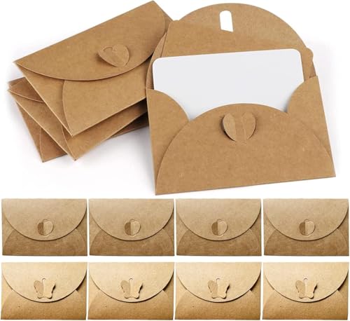 IOPYKKOA 20 Sobres de Papel Kraft con 20 Tarjetas de Papel en Blanco, Mini Sobres con Broche de corazón Mariposa para Tarjetas de Regalo DIY Graffiti