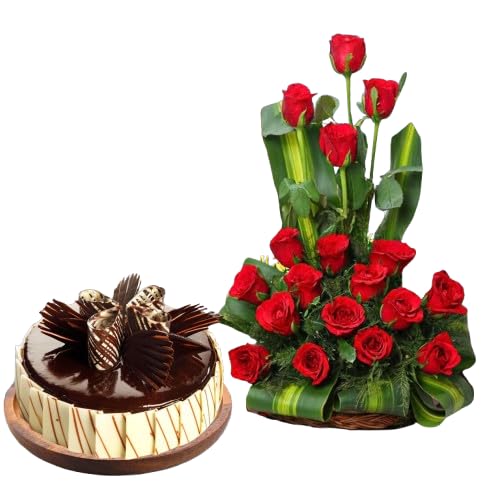 Bigwishbox | Combo | 18 Red Roses Fresh Flowers Basket | Chocolate Cake (Eggless) 500g-image-16