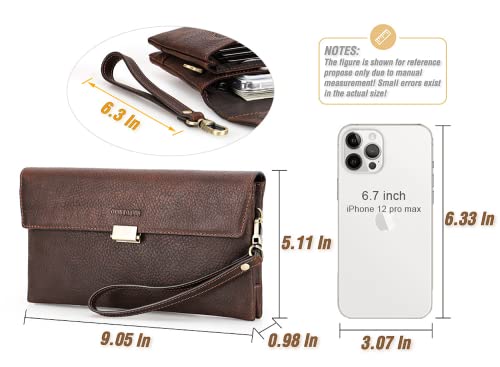 Image of Top Grain Genuine Leather Clutch Wallet with Wristlet for Man & Woman, Handmade Retro Design, Magnetic Push Lock, Multi Pockets /Slots, RFID Large Capacity for Cards /Check /Cash /Coin /Passport, Red Brown