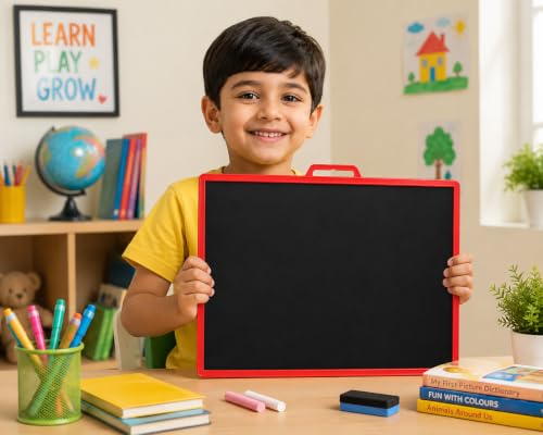 Image of YAJNAS Double Sided Blackboard Slate 12 x 10 Inch | Kids Writing Slate | Reusable Chalkboard | Pre-Writing Learning Toy | Colourful Frame