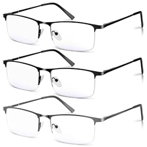 WEIMELTOY 3 Pack Blue Light Blocking Reading Glasses for Men, Stylish Half Frame Metal Computer Readers, Lightweight Spring Hinge Eyeglasses Anti Eyestrain/Glare/UV (2PCS Black+1PCS Gray,+2.5)