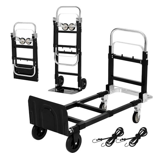 2 in 1 Convertible Hand Truck Dolly, 660 LBS Load Capacity Folding Cart with Wheels, Elastic Straps, Carbon Steel Collapsible Dolly Cart for Home, War