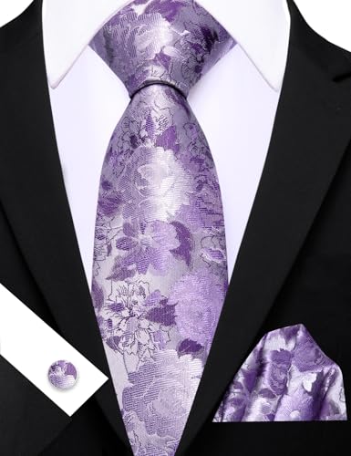Image of Barry.Wang Flower Ties for Men Handkerchief Cufflinks Set Wedding Necktie Set Party