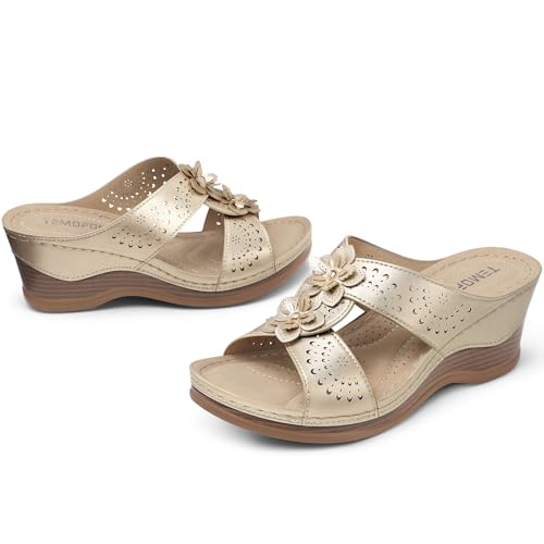 Image of TEMOFON Womens Wedge Sandals Leather: Comfortable Walking Shoes Summer | Fit Wide Foot - Cute Style - Wear True Size 5-11