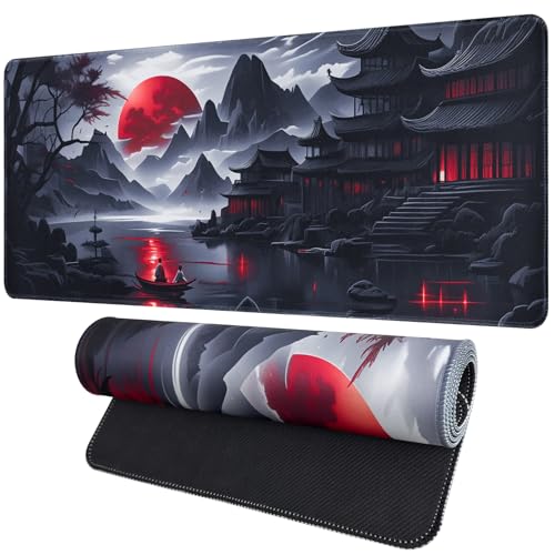 Image of Black Mouse Pad Gaming Keyboard Pad 35.4 x 15.7 in Computer Mouse Pad Anime Gaming Mousepad, Expanded Architecture Cool Desk Pad, Japanese Red Moon Large MousePads Suitable for Home Office