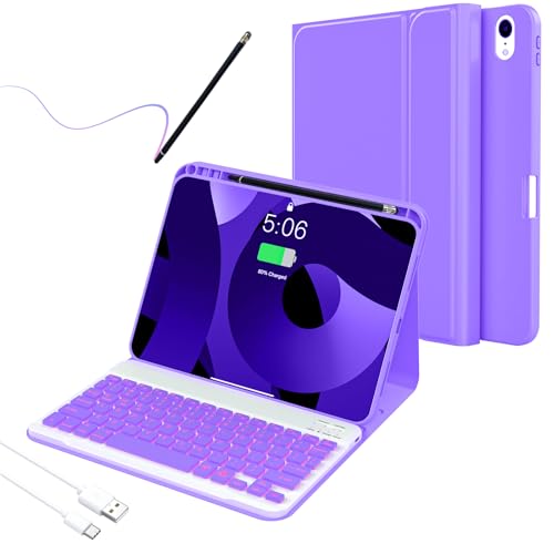 For iPad 10th Generation Case with Keyboard,Adjustable 7 Color Backlit, Detachable with Pencil Holder,Bluetooth Keyboard for 10.9 inch 2022(Included Capacitor Pen Cleaning Cloth),Lavender purple