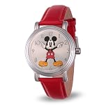 Disney Officially Licensed Mickey Mouse Watch, Classic Mickey Mouse Watches for Women, Stylish Timepiece Fans - Women's Watch with White Dial, Silver Case & Red Leather Strap