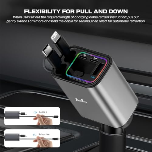 Image of PunnkFunnk 120W 5-in-1 Super Fast Car Charger | Multi-Port USB & Type-C Car Adapter with Display Screen, Telescopic Charging Cable, 4 Devices Simultaneous Charging - Compatible with iOS & Android