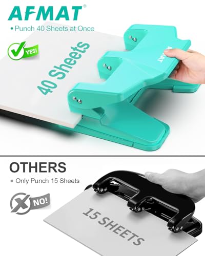 Image of AFMAT 3 Hole Punch Heavy Duty, 40-Sheet Three Hole Punch, 50% Reduced Effort, 3 Hole Puncher for Binder w /Large Chip Tray, 9 /32 inch Holes Diameter, Metal Paper Puncher for Home /Office /School, HP14(Green)