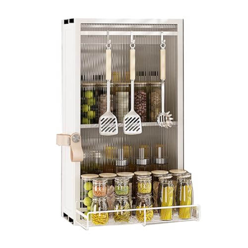 Nizer Étagère à épices murale à 2 niveaux avec portes pour bouteilles d'épices, planche à découper et support de sille, armoire de rangement blanche...