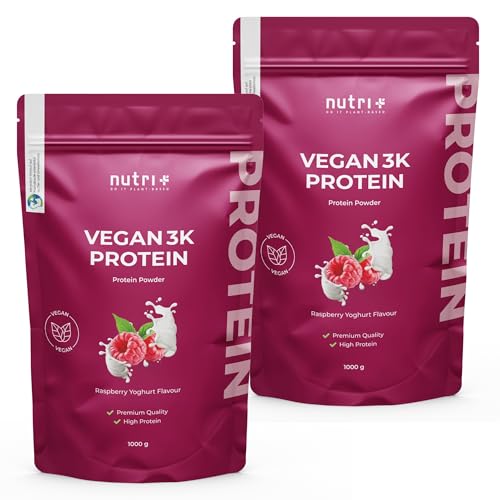 Nutri + High Protein Vegan Himbeere Joghurt 2000 g - 80% Eiweiß - Proteinpulver Raspberry Yoghurt - Eiweißpulver Low Sugar 2 kg Himbeer Proteinshake