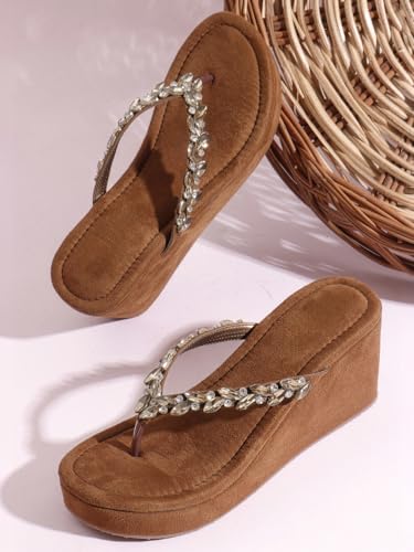 Image of TRYME Crystal Embellished Strap Slip on Wedges Heel Sandals For Women's