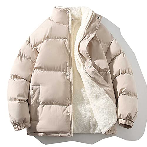 Badhub Men's Puffer Jacket Long Sleeve Waterproof Winter Parka Jacket Fleece Lined Warm Thicken Stand Collar Ski Coat Beige #TOP9