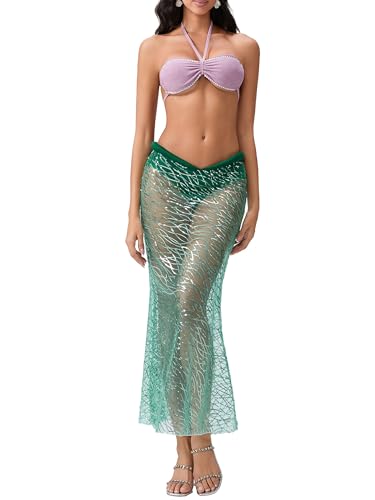 ensswliz Meerjungfrau-Kostüm für Damen, Halloween, Cosplay, Neckholder, Perlen-BH mit Pailletten-Rock, 2-teiliges Outfit (A-Blau, L)