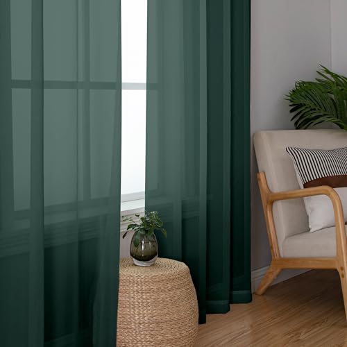 Image of Chyhomenyc Hunter Green Sheer Curtains 78 Inches Long 2 Panels Set for Living Room, Light Filtering Voile Lightweight Bedroom Curtains, Rod Pocket Solid Window Treatment Drapes, Each 42W x 78L