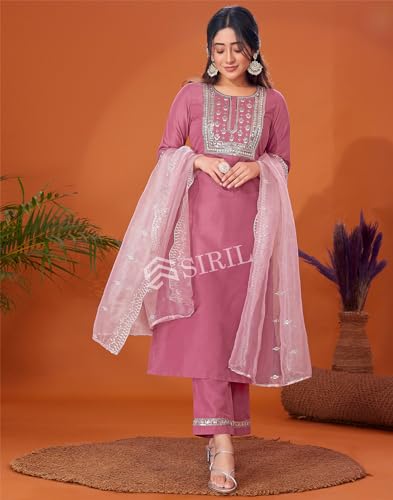 Image of SIRIL Women's Cotton Blend Sequence Embroidery Straight Kurta Pant with Dupatta Set