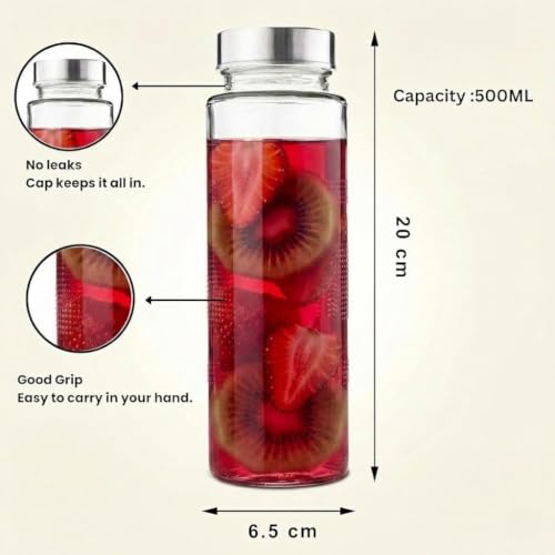 Image of CROCO JAR Wide Mouth Glass Water Bottle with Leak-Proof Airtight Double Layer Stainless Steel Lid for Water, Smoothie, Juices (500ML STEEL PK2)