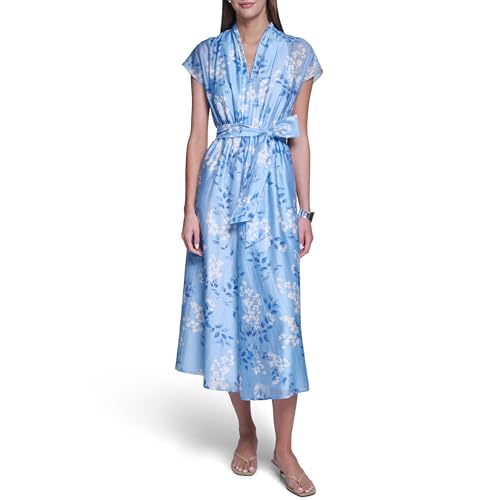 HALSTON Women's Short Sleeve Center Ruched Printed Dress, Blue, 2 at Amazon Women's Clothing store
