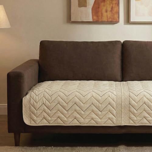 Image of Urban Space Velvet Embroidery Quilted Sofa Cover mat, Premium 1 Seater Non-Slip Sofa slipcover, Easy Care & Machine Washable, Seat Runner for Couch for Living Space (1 Seater - Zig zag - Beige)