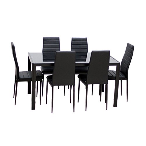 IDS Online 7 Pieces Modern Glass Dining Table Set Faxu Leather With 6 Chairs Black.