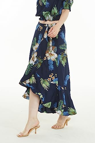 Matchable Women's Hawaiian Print Smock Top and Wrap Ruffle Skirt in Pineapple Garden Navy4