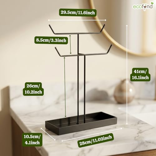 Image of ecofynd 2-Tier Metal Jewelry Organizer Stand with 2 Hangers, 16-Inch Holder for Earrings, Necklaces, Bracelets & Rings, Space-Saving Display for Vanity, Dressing Table & Home (Black, JS010)