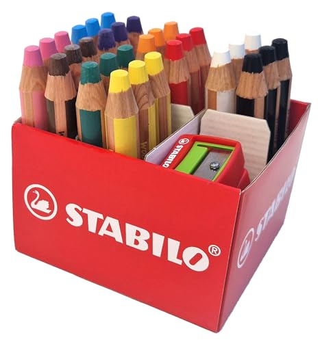 STABILO - Buntstift, Wasserfarbe & Wachsmalkreide - woody 3 in 1-30er Box mit 2 Spitzer