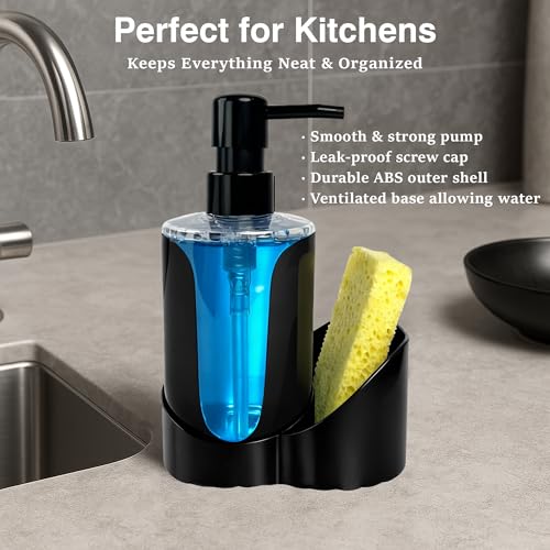 Image of Kitchen Sink Soap Dispenser Set - Dual Pump for Hand & Dish Soap, Sponge & Brush Holder, Refillable Sink Organizer (Single Black)