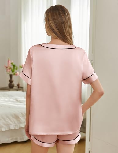 Image of Silk Pajamas for Women Short Sleeve Satin 2 Piece Pj Set Soft V Neck Sleepwear Loungewear, S-XXL