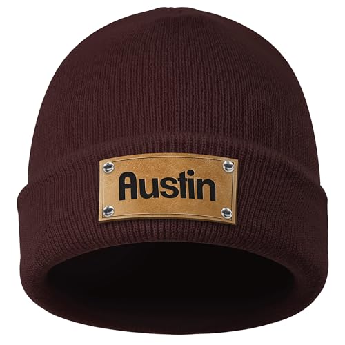 Custom Winter Knit Beanies | Personalized Leather Patch Hats | Matching Hats for Family | Warm Knit Caps for Kids, Teenagers and Adults | Coffer Coffee