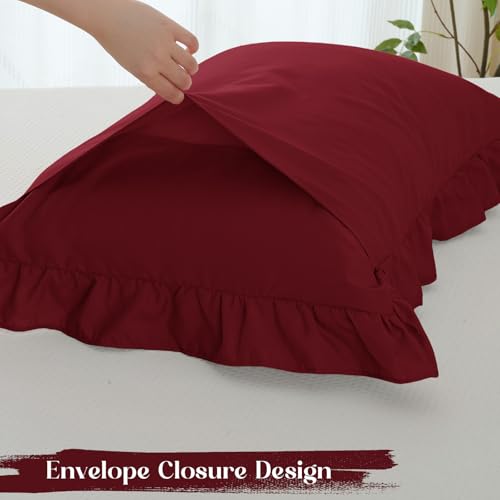 Image of Homiest 3-Pieces Ruffle Pillow Case & Fitted Sheet Set, Burgundy King Sheets with 2 Ruffled Pillow Shams, 15 Inch Deep Pocket, Cute & Coquette Microfiber Bed Set for Decorating Bedroom Hotel