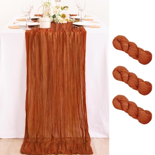 Image of MLMC 3 Pack Terracotta Table Runner 10ft Rustic Burnt Orange Cheesecloth Table Runner 35 x 120 inches Boho Cheese Cloth Centerpiece for Wedding Bridal Shower Pinic Thanksgiving Decor