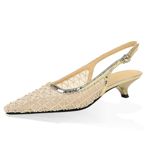 baobeijiadao Womens Mesh Kitten Heels Closed Toe Heeled Sandals Pointed Toe Slingback Low Heel Pumps Shoes for Women