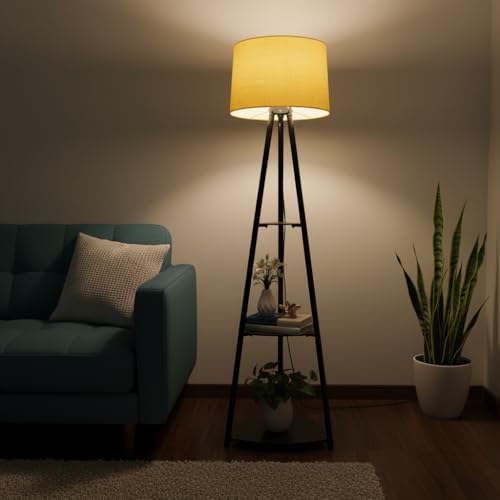 Image of Tripod Metal Floor Lamp with Shelves Stylish Standing Lamp for Living Room Decoration Bedroom Corner Stand Aesthetic Home Decor (Fresh Yellow) LED Bulb Included
