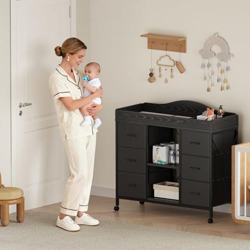 Image of YeTom Changing Table, 6-Drawer Dresser, Adjustable Shelves, Mobile, Black