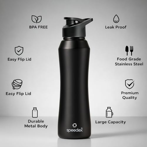 Image of Speedex Stainless Steel Water Bottle 1 Ltr, 1000 ml Metal Bottle For Daily, Office, School, Gym, Travel Use for Men, Women, Kids, Adults-Leak Proof Sipper Cap, BIS Approved, Black, Set of 4
