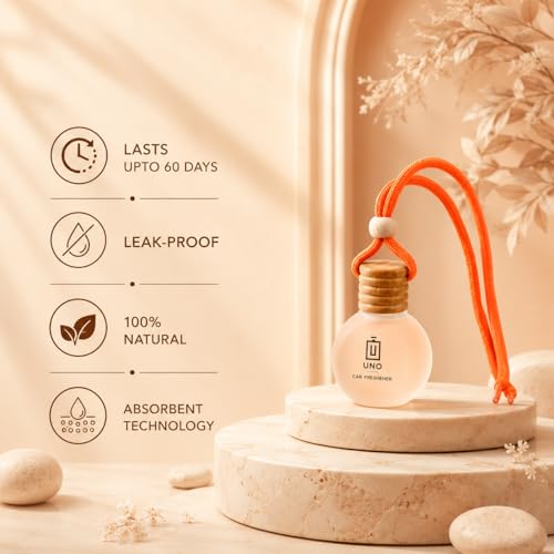 Image of UNO AROMA Musk Car Air Freshener, 15ml, Long Lasting Hanging car perfume, Toxin-Free Oil in Glass Bottle with Wooden Diffuser, Car Accessories for fresh aroma, Last Upto-60 Days