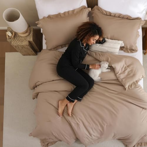 Image of JANZAA Taupe Comforter Set Oversized King - Soft Microfiber, Lightweight All Season Bedding, Ruffle Shabby Chic Aesthetic, Breathable Cozy Bed Set with 2 Pillow Shams, Machine Washable