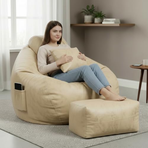 Image of KAM'S LIEU 5XL Premium Imported Suede Bean Bag Chair with Footrest & Cushion | Filled with High Density Polystyrene Beans | Premium Soft Fabric | Ready to Use Color- (Cream, 5XL)