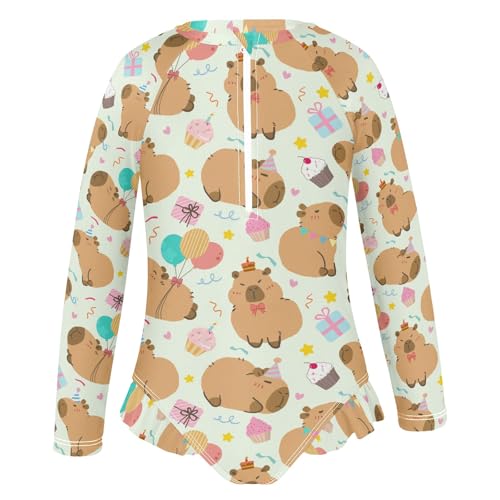 Cute Birthday Party Capybara Green Girls One Piece Rash Guard Swimsuit, Girls Long Sleeve Swimwear for 3-12Y2