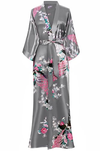 Image of BABEYOND Women's Kimono Robe Long Satin Robes with Peacock and Blossoms Printed Kimono Nightgown